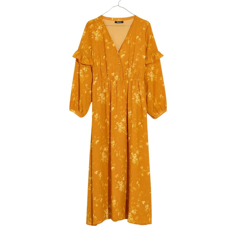 Madewell Ruffle-Sleeve Button-Front Dress Tonal Botanical Orange Floral Maxi 4